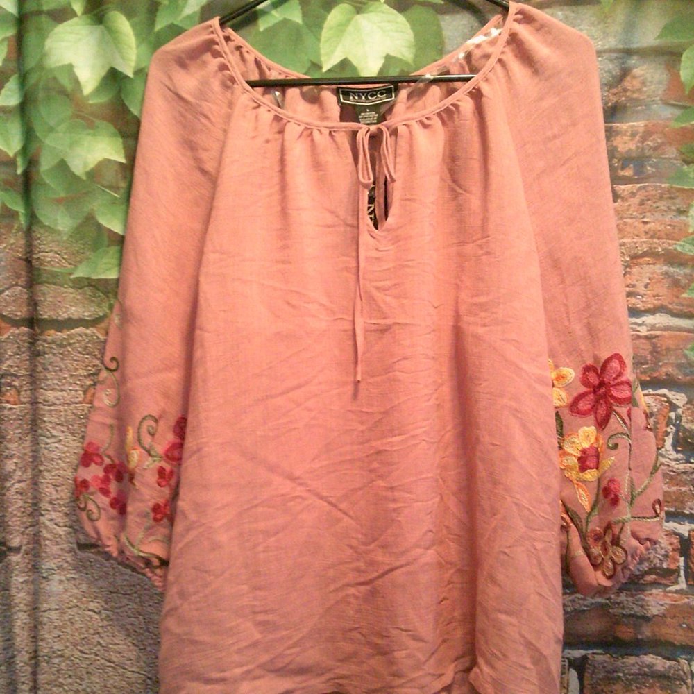 Salmon Boho 3/4 Sleeve Embroidered Blouse